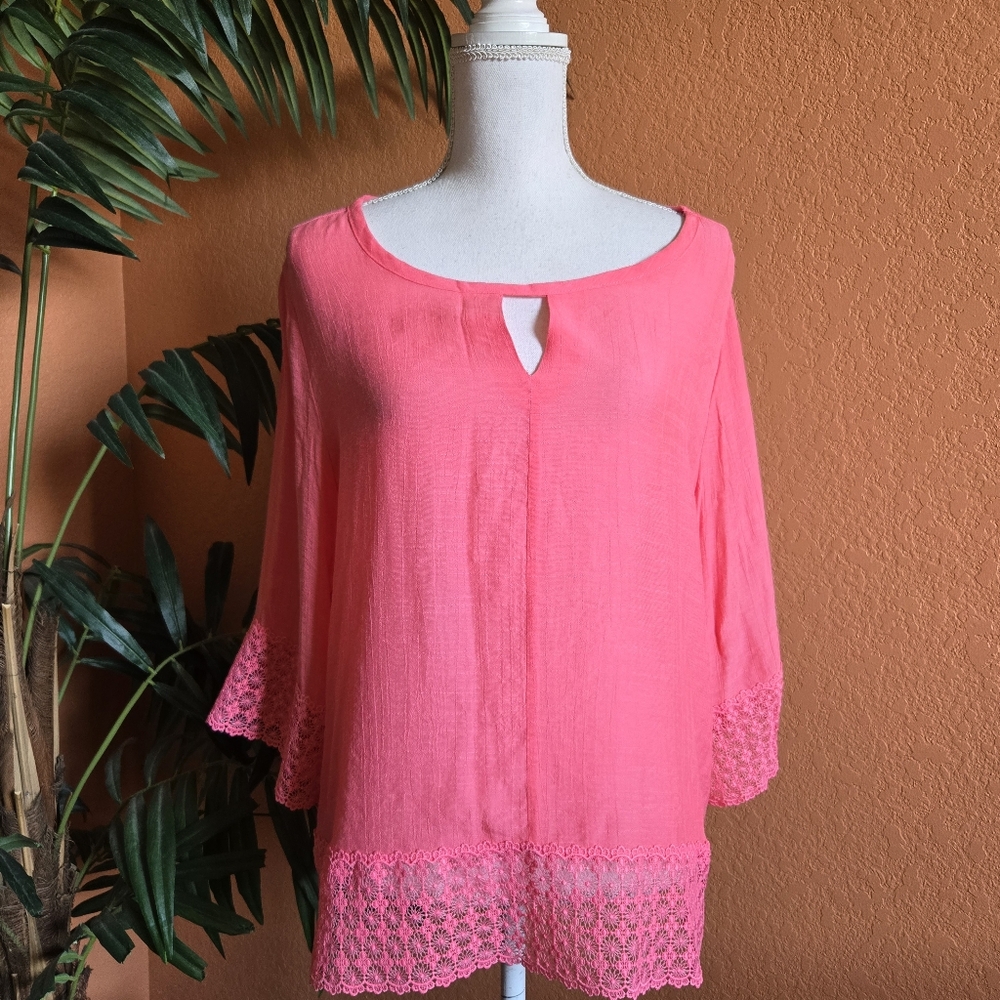NWT Counterparts Pink Carnation Blouse Lace XL Mid Sleeves Summer Breezy